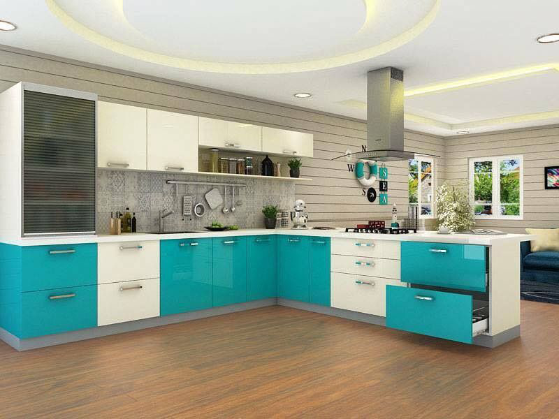 Homzelite L-shaped modular kitchen in meadow green.