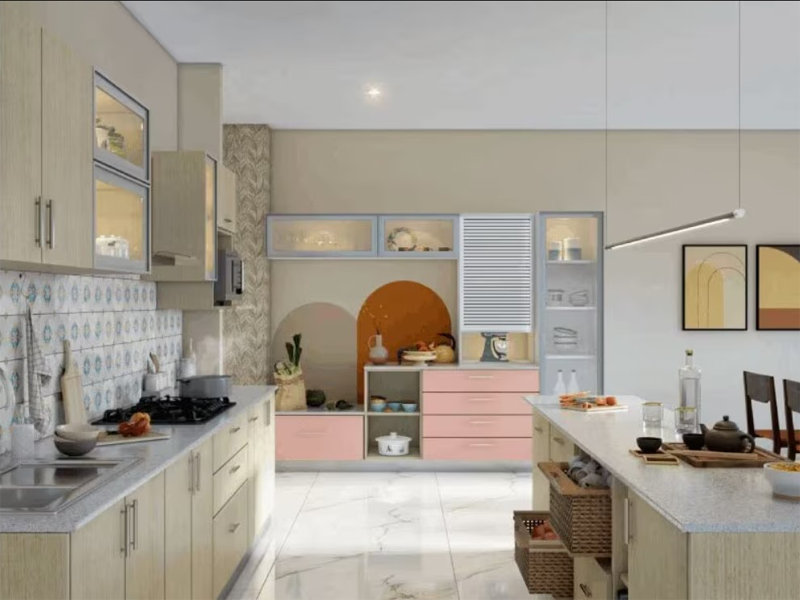 Homzelite beige straight kitchen.